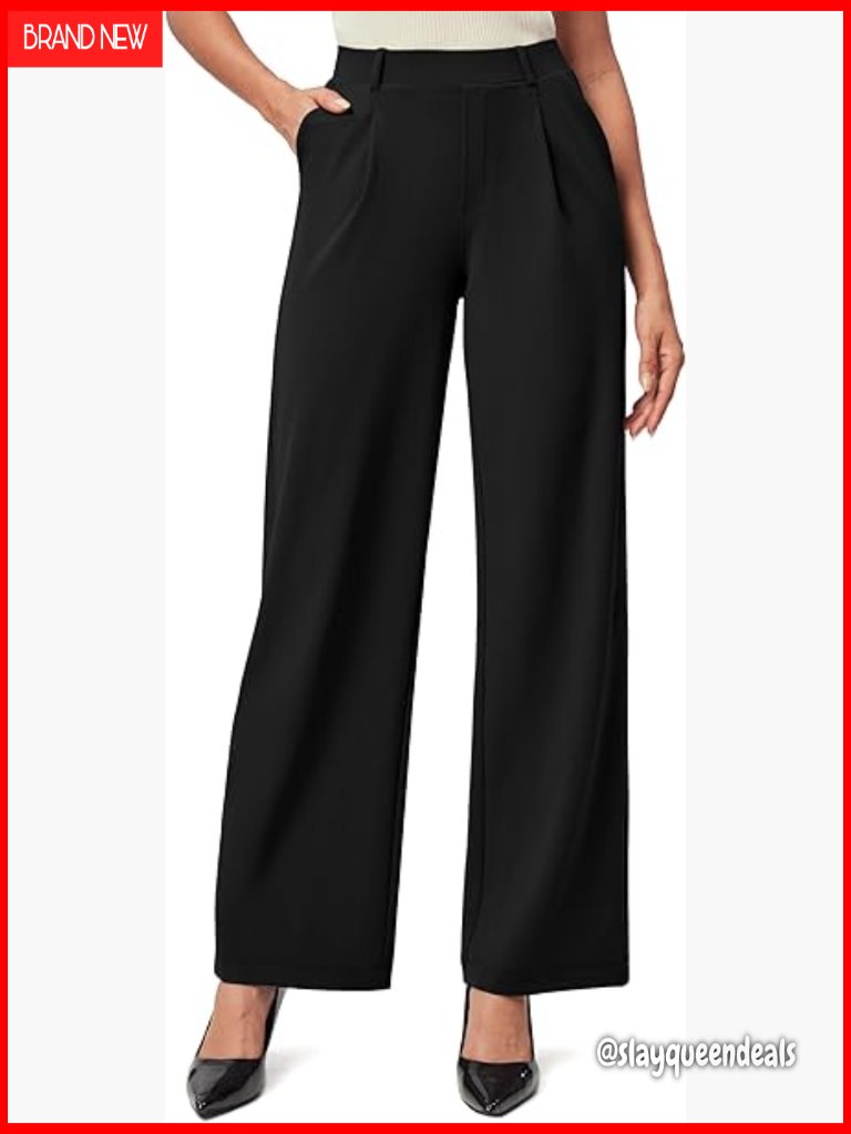 Stretchy Wide Leg Pull On Work Pants High Waisted Business Casual Trousers